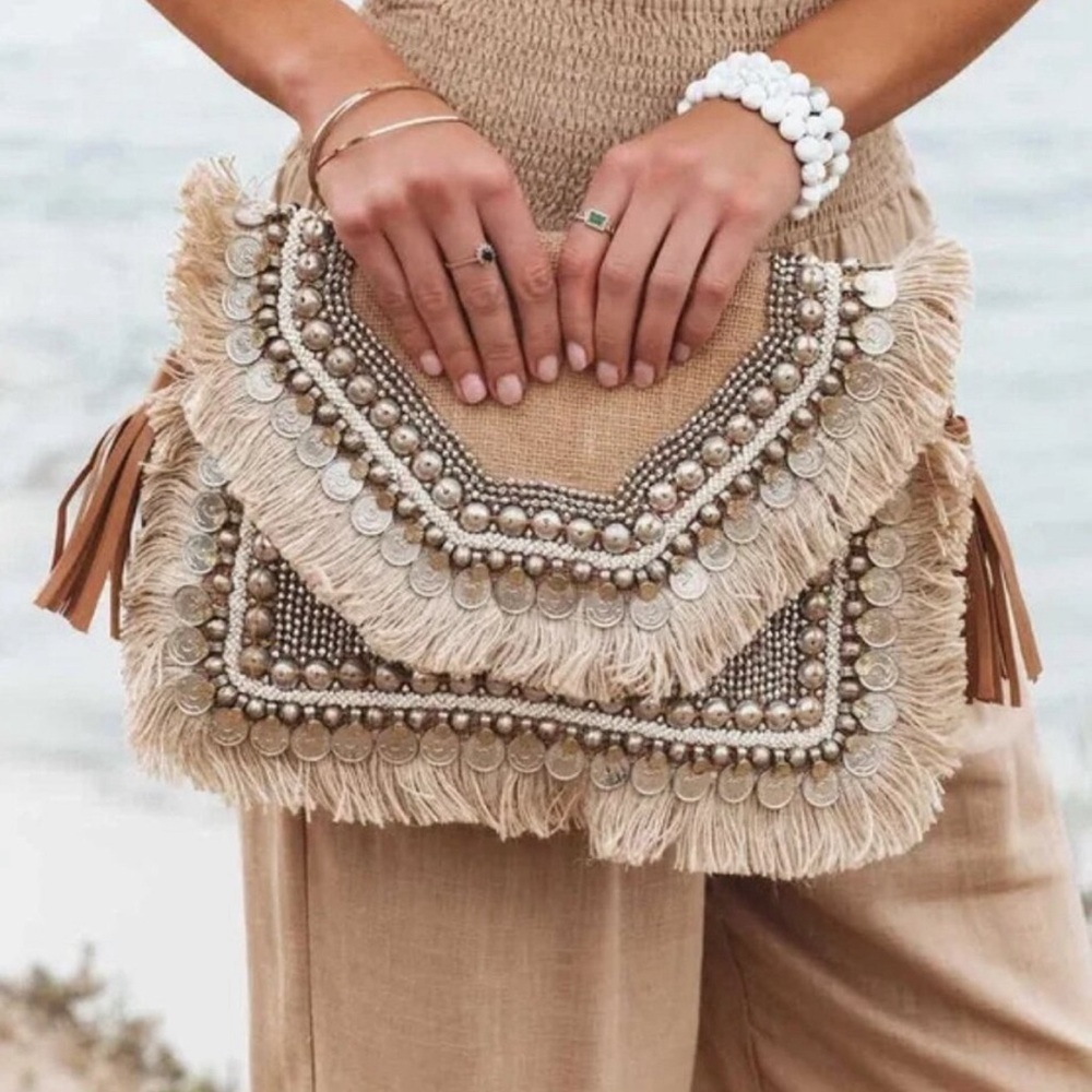 NWOT Vici Beige Fringe Clutch with Bead Accents - Picture 2 of 3